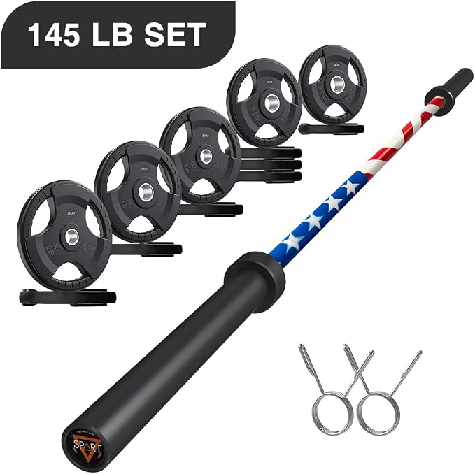 7FT Olympic Barbell Bar with Weight Plate Set Combo, Solid Olympic Bar with Bearings, 700Lbs Capacity Weight Bar for Home Gym Strength Training, Weightlifting, Powerlifting, Fit for 2" Olympic Plates