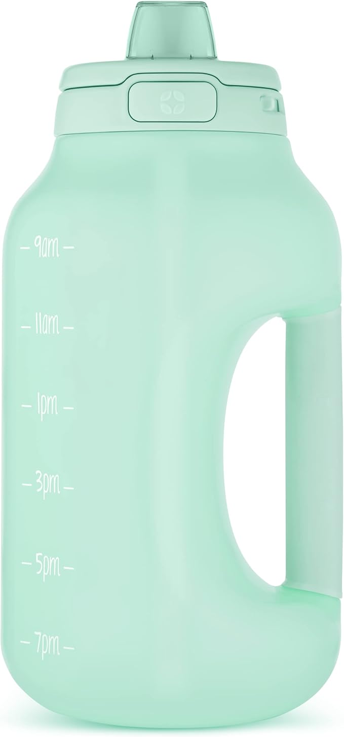 Ello Hydra 64oz BPA-Free Plastic Water Jug with Time Markers, Yucca | Large plastic water bottle jug for all day hydration with time markers, carry loop, straw, leakproof lid, and BPA-free