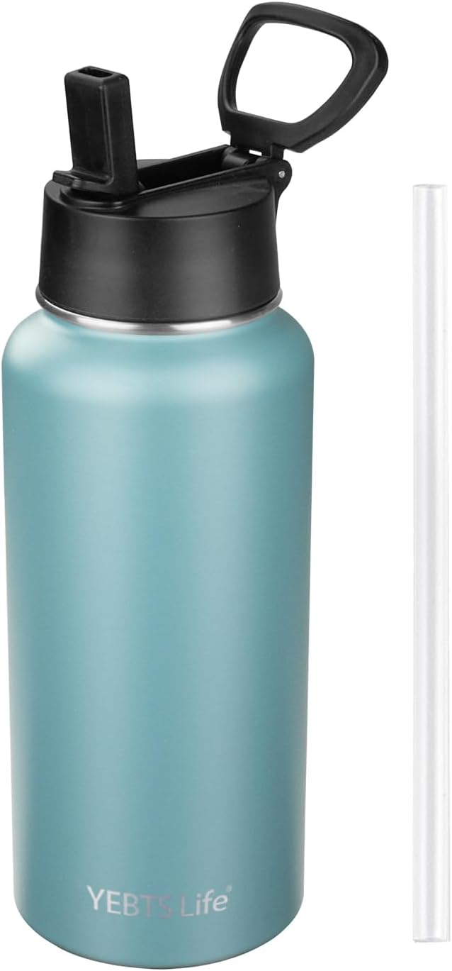 Insulated Water Bottle With Straw,32 oz Vacuum Insulated Stainless Steel Sports Water Flask,Keeps Cold and Hot,Metal Water Bottle Wide Mouth for Gym Travel Camping (Mayan blue)