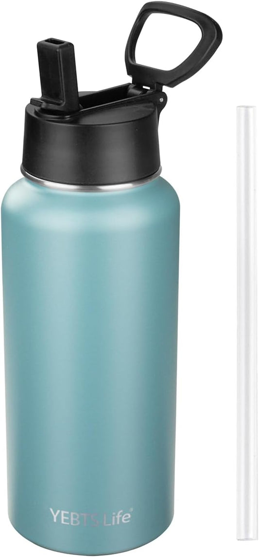 Insulated Water Bottle With Straw,32 oz Vacuum Insulated Stainless Steel Sports Water Flask,Keeps Cold and Hot,Metal Water Bottle Wide Mouth for Gym Travel Camping (Mayan blue)