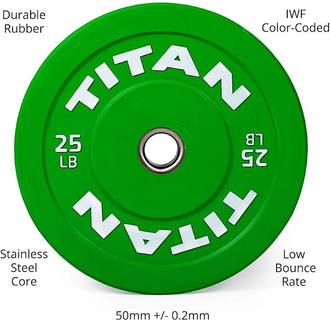 Titan Fitness Economy Olympic Bumper Plates, Color-Coded by IWF Standards, Low Bounce Rubber with Steel Insert, Weightlifting and Strength Training, Barbell Weight Set