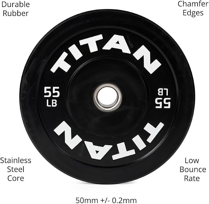 Titan Fitness Economy Series Black Olympic Bumper Plates, Durable Rubber Exterior with Steel Core, Weightlifting and Strength Training Weight Plate