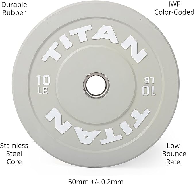 Titan Fitness Economy Olympic Bumper Plates, Color-Coded by IWF Standards, Low Bounce Rubber with Steel Insert, Weightlifting and Strength Training, Barbell Weight Set