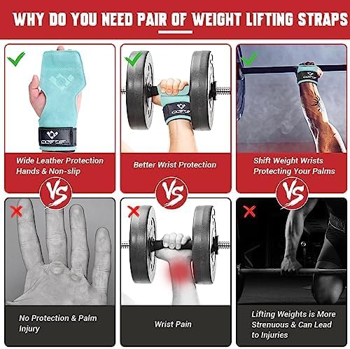 Weight Lifting Wrist Strap, Double-Layer Leather for Deadlift Powerlifting | Gym Strap with Adjustable Neoprene Padded Fit for 6.3–8 Inch Wrist, 8.07-Inch Leather Strap, Gym Workout Lifting Hook (Pair)