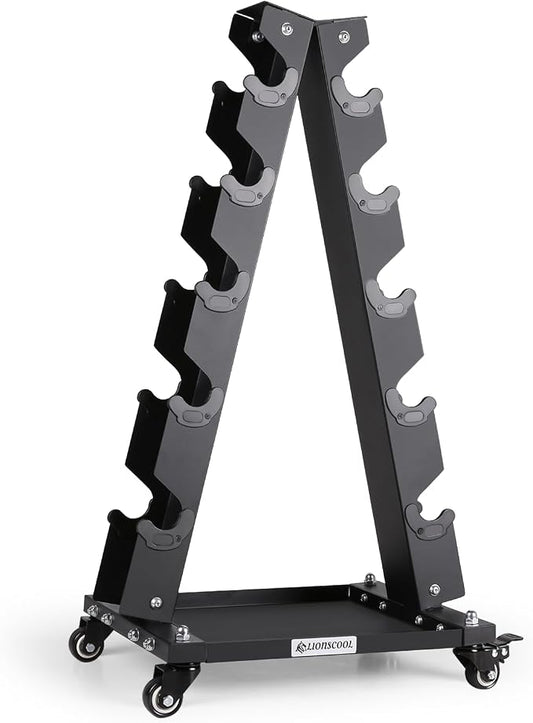 LIONSCOOL Dumbbell Rack Stand Only, A-Frame Rolling Weight Storage and Tray | 5 Tier Steel Rack with Premium Solid Wheels, Portable Home Gym Fitness Storage Organizer, 200/300/700LBS Weight Capacity