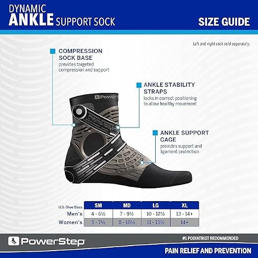 PowerStep Dynamic Ankle Support Sock, Ankle Brace and Ankle Compression Sock, for Flexibility, Ankle Support and Injury Prevention, Pain Relief, Unisex (Left Medium, Men's 7-9.5, Women's 8-10.5)