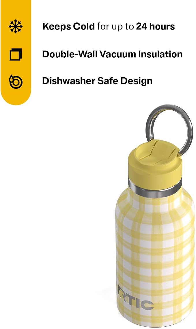 RTIC Little Journey Water Bottle with Straw, Ceramic-Lined, Insulated, Stainless Steel, Metal, Double Wall Vacuum-Insulation, Leak-Proof Lid, BPA-Free Water Flask for Sports, Travel, Sunlight Gingham