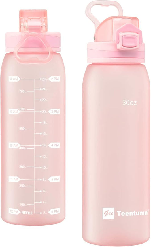 30oz Water Bottle with Time Markers and Filter, BPA Free Large Durable Portable Plastic Bottle for school (Pack of 1)