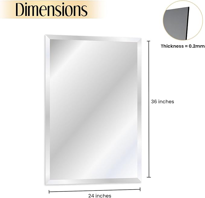 Rectangle Bevelled Frameless Mirror - Wall Mirror 24” x 36”, Shatterproof Modern Bathroom Mirror for Gym, Bathroom Vanity, Entryways with Bevelled Edge, Horizontally or Vertically