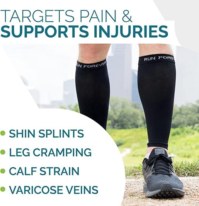Run Forever Calf Compression Sleeve for Men & Women, 20-30mmHg Compression | Leg Sleeve for Shin Splints, Varicose Veins, Swelling & Pain Relief | Footless socks for Running, Cycling & Travel