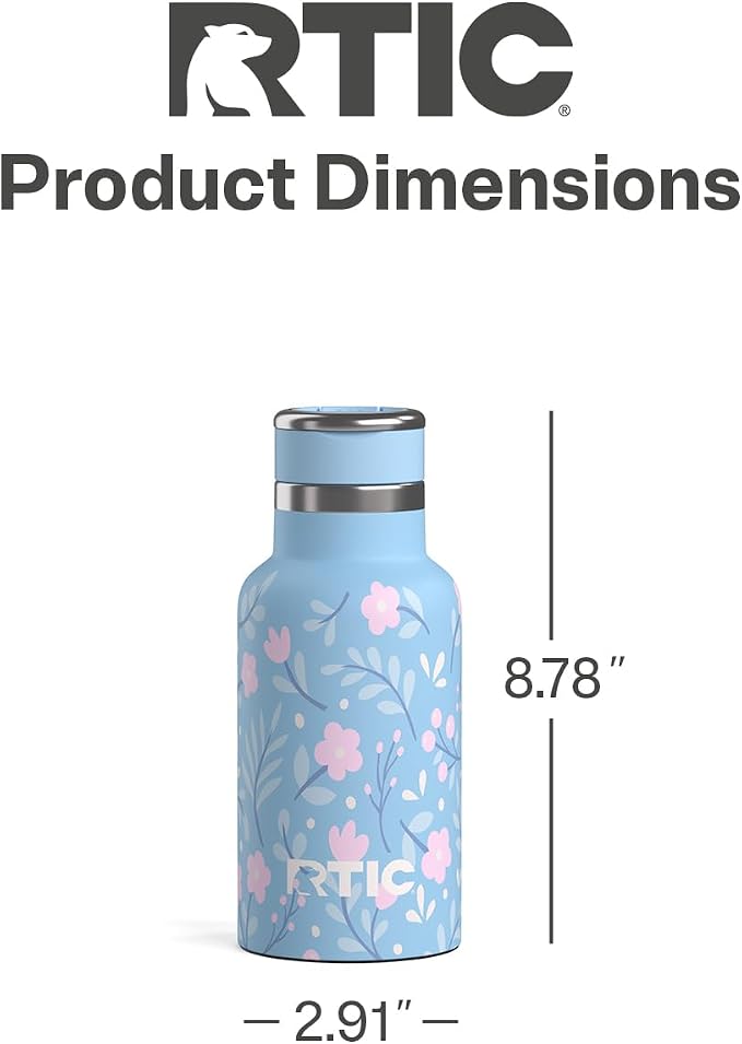 RTIC Little Journey Water Bottle with Straw, Ceramic-Lined, Insulated, Stainless Steel, Metal, Double Wall Vacuum-Insulation, Leak-Proof Lid, BPA-Free Water Flask for Sports, Travel, Blooming Blues