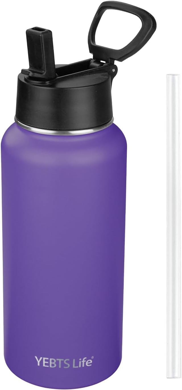 Insulated Water Bottle With Straw,32 oz Vacuum Insulated Stainless Steel Sports Water Flask,Keeps Cold and Hot,Metal Water Bottle Wide Mouth for Gym Travel Camping (Purple)