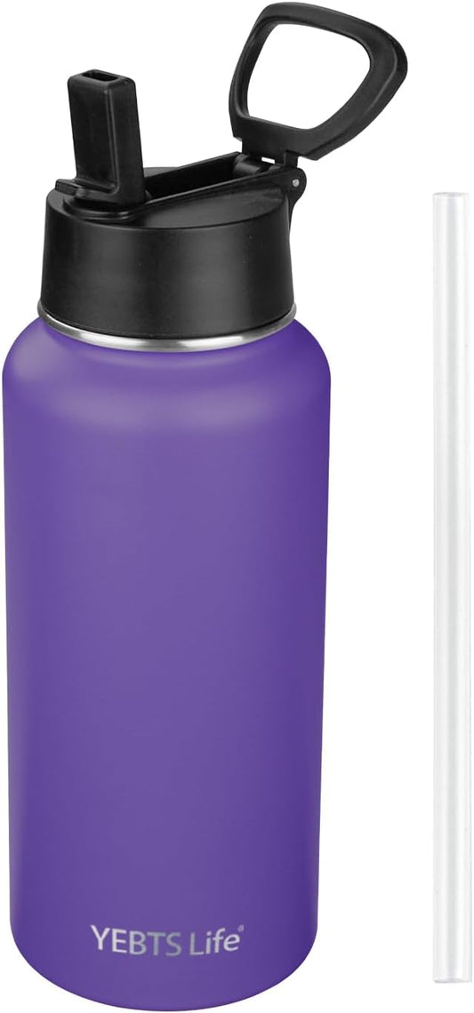 Insulated Water Bottle With Straw,32 oz Vacuum Insulated Stainless Steel Sports Water Flask,Keeps Cold and Hot,Metal Water Bottle Wide Mouth for Gym Travel Camping (Purple)