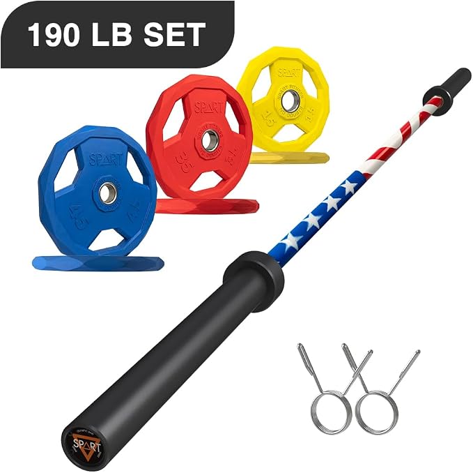 7FT Olympic Barbell Bar with Weight Plate Set Combo, Solid Olympic Bar with Bearings, 700Lbs Capacity Weight Bar for Home Gym Strength Training, Weightlifting, Powerlifting, Fit for 2" Olympic Plates
