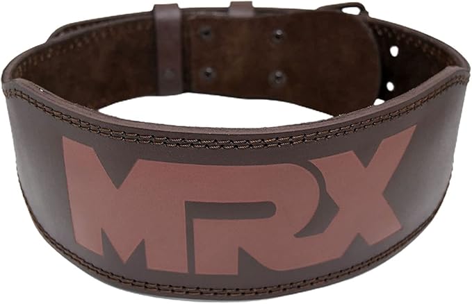 MRX Weight Lifting Belt Genuine Leather - 4 Inches Wide 8mm Thick Padded Lumbar Back Support Double Prong Powerlifting Belts Heavy Duty Deadlifts Workout Squats & Exercise Belt for Men & Women