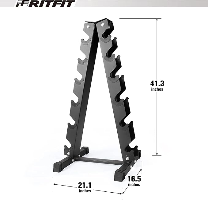 RitFit Rubber Hex Dumbbell Set with Storage Weight Rack | Rubber Heavy-Duty Coated Cast Iron, Knurled Chrome Handle, Space-Saving Storage for Home Gym Strength Training