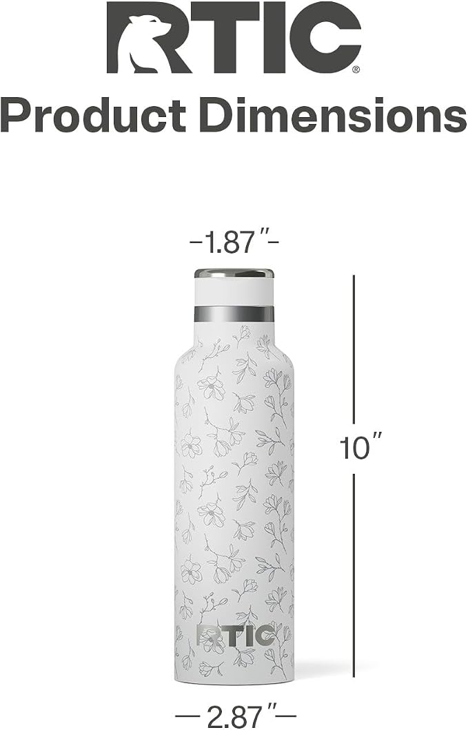 RTIC 20oz Journey Water Bottle Ceramic Lined Metal Stainless Steel Vacuum Insulated, BPA Free, Reusable, for Water, Hot and Cold Drinks, Travel, Sports, Camping, White Magnolias