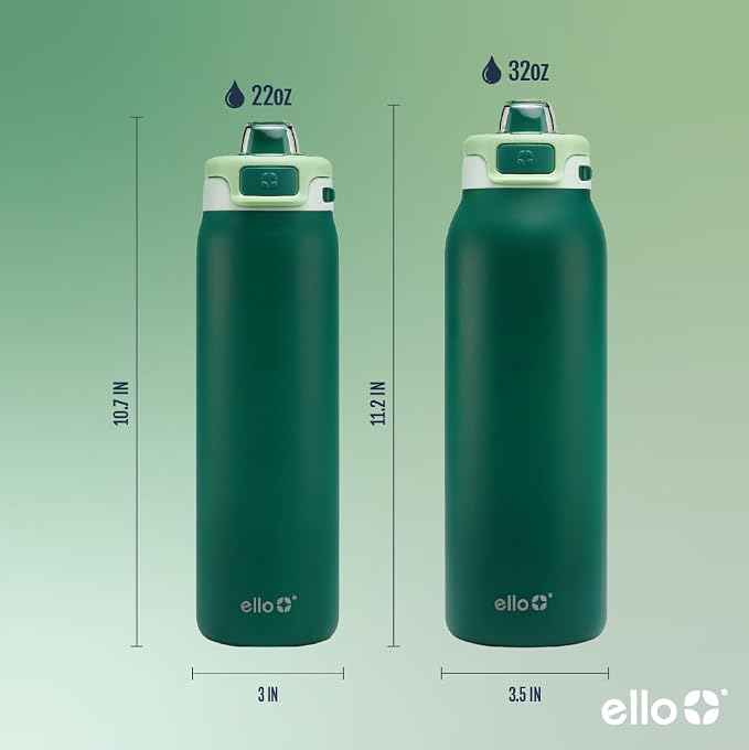 Ello Pop & Fill Insulated Stainless Steel Water Bottle with Quick Fill Lid, Leakproof Locking, Sip or Chug Spout, BPA-Free, Double Wall Vacuum Insulated for Sports, Travel & School- 22oz / 32oz / 40oz