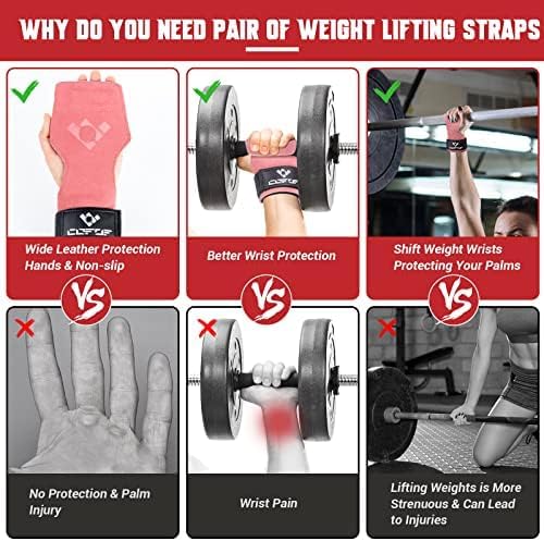 Weight Lifting Wrist Strap, Double-Layer Leather for Deadlift Powerlifting | Gym Strap with Adjustable Neoprene Padded Fit for 6.3–8 Inch Wrist, 8.07-Inch Leather Strap, Gym Workout Lifting Hook (Pair)