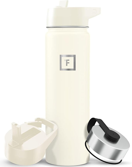IRON °FLASK 22 oz Wide Mouth Water Bottle with 3 Lids | Insulated Stainless Steel Sports Water Bottle with 3 Leakproof Lids - BPA Free, Cold 24 Hrs, Sweat Free (Cashmere Cream)