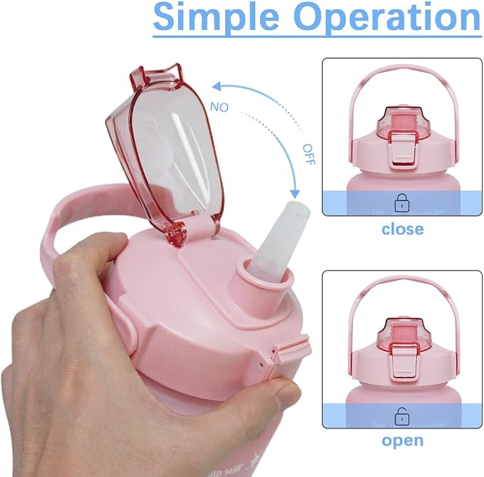 64 oz Large Capacity Water Bottle with Motivational Time Markers and Straw, Portable, Leakproof, BPA Free for Fitness, Gym and Outdoor Sports. (Pink)