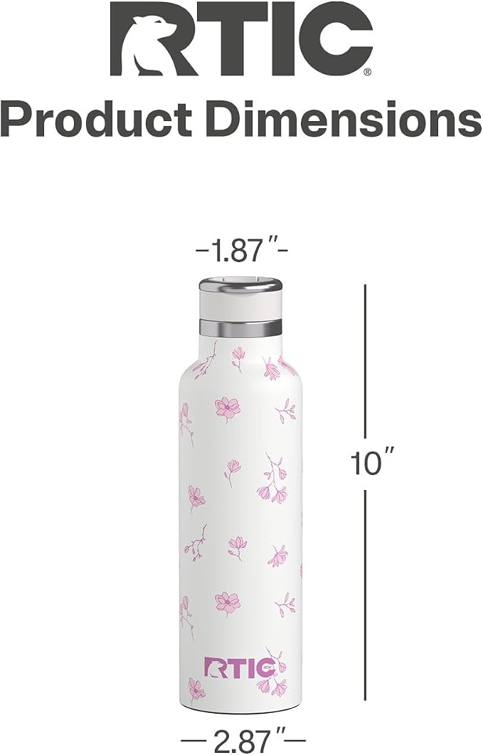 RTIC 20oz Journey Water Bottle Ceramic Lined Metal Stainless Steel Vacuum Insulated, BPA Free, Reusable, for Water, Hot and Cold Drinks, Travel, Sports, Camping, Pink Magnolias