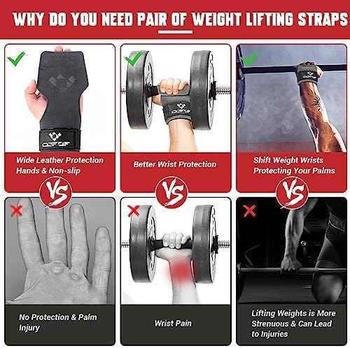 Weight Lifting Wrist Strap, Double-Layer Leather for Deadlift Powerlifting | Gym Strap with Adjustable Neoprene Padded Fit for 6.3–8 Inch Wrist, 8.07-Inch Leather Strap, Gym Workout Lifting Hook (Pair)