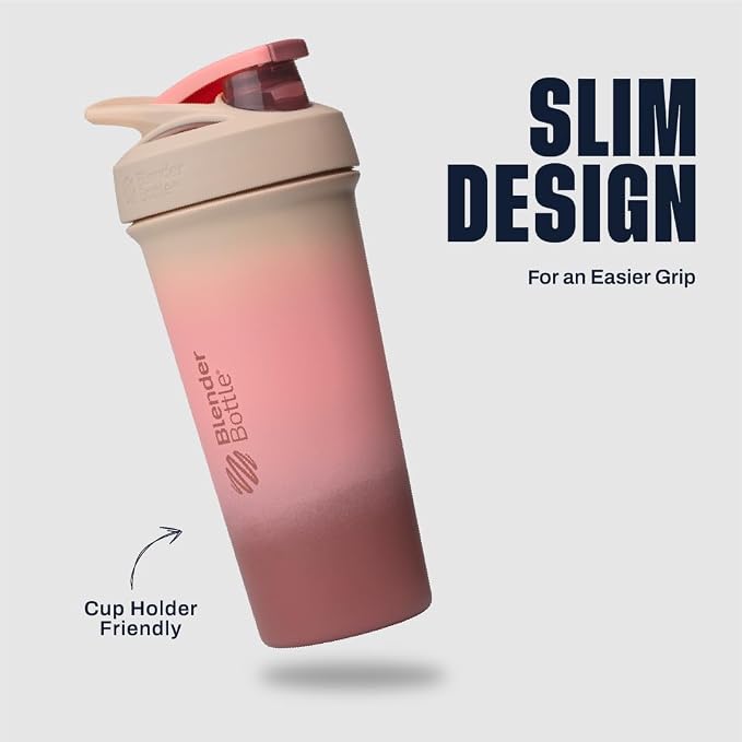 BlenderBottle Sport Sleek Shaker Cup Insulated Stainless Steel Water Bottle with Wire Whisk, 25-Ounce, Berry Fade (Pink)