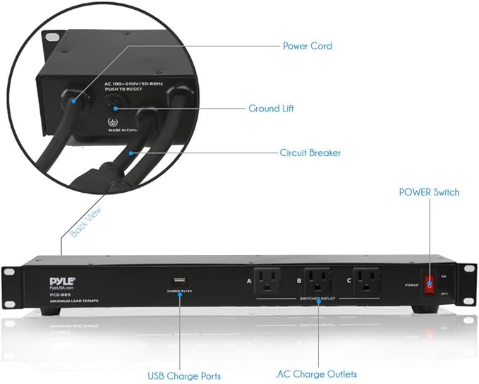 Pyle 19 Outlet 1U 19" Rackmount PDU Power Distribution Supply Center Conditioner Strip Unit Surge Protector 15 Amp Circuit Breaker USB Multi Device Charge Port 15FT Cord (PCO860) Black