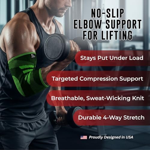 Elbow Compression Sleeves (1 Pair) - Elbow Brace for Tendonitis, Tennis & Golfers Elbow - Weightlifting Support for Men & Women - Pain Relief & Joint Recovery (2, Neon Green, Large)