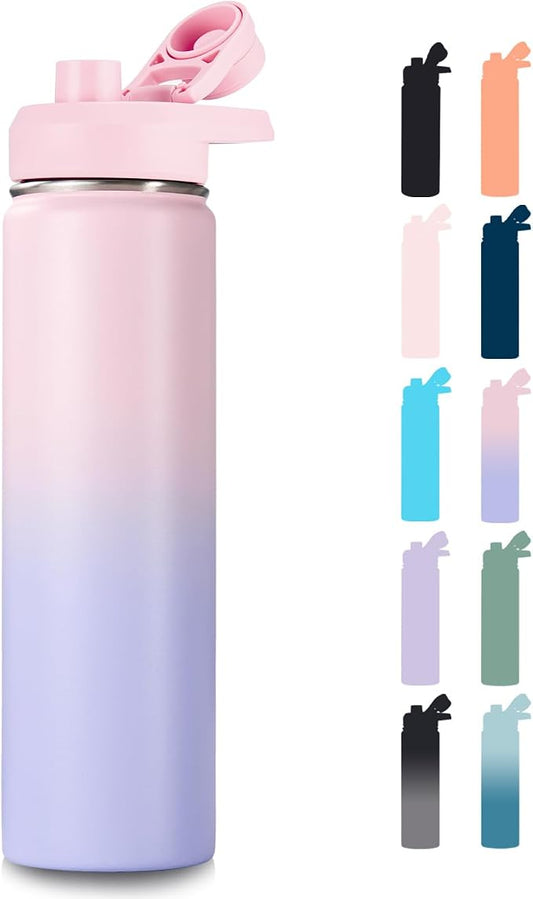 Fijinhom Insulated Water Bottle with Handle, 304 Stainless Steel Water Bottles with Wide Mouth, Double Wall Vacuum Sports Water Bottle, BPA Free, Keep Cold and Hot, 24 Ounces, Pink/Purple