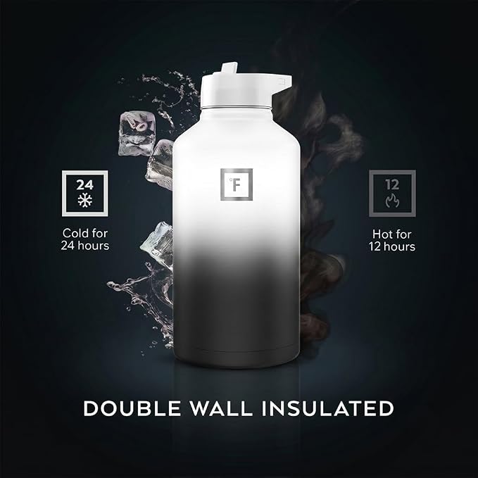 IRON °FLASK 64 oz Wide Mouth Water Bottle with Straw | Insulated Half Gallon Water Bottle with Leakproof Straw Lid - BPA Free, Cold 24 Hrs, Sweat Free (Day & Night)