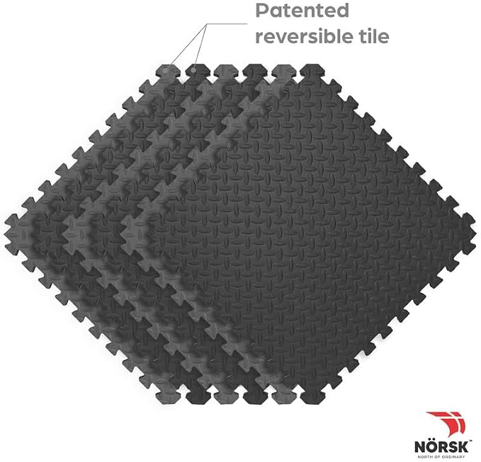 Reversible Exercise Mats 3/4" Thick EVA Interlocking Foam Tiles, Perfect Home Gym Flooring, 4 Tiles & 8 Trim Pieces, 16 Sq. Ft. 24"x24", Gray/Black