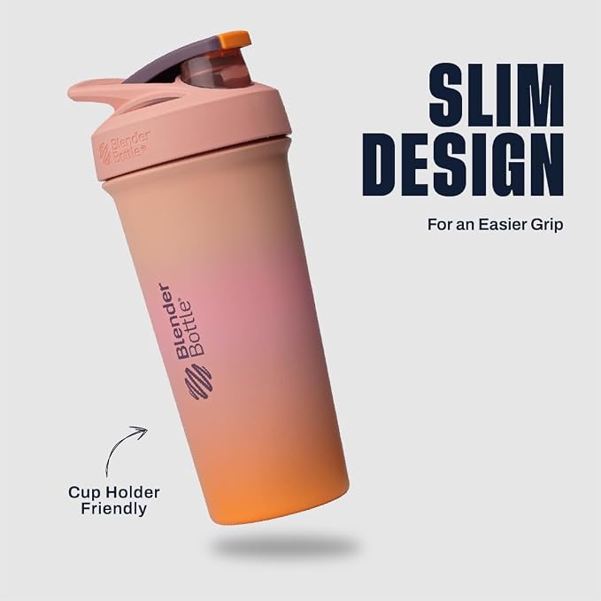 BlenderBottle Sport Sleek Shaker Cup Insulated Stainless Steel Water Bottle with Wire Whisk, 25-Ounce, Sunrise (Pink/Orange)