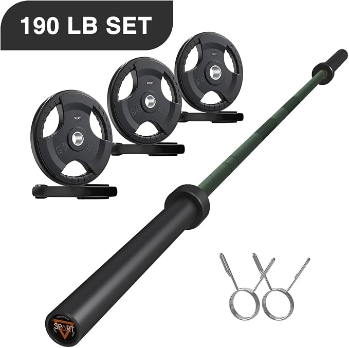 7FT Olympic Barbell Bar with Weight Plate Set Combo, Solid Olympic Bar with Bearings, 700Lbs Capacity Weight Bar for Home Gym Strength Training, Weightlifting, Powerlifting, Fit for 2" Olympic Plates