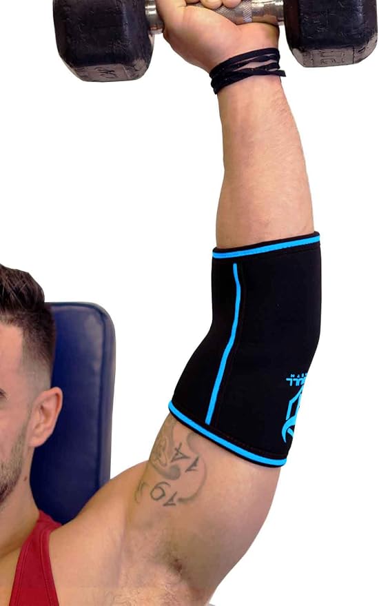 Elbow Sleeves 5mm (1 Pair) - High Performance Elbow Sleeve Support for Weightlifting, Weight Training & Powerlifting - Best Compression Straps - for Men and Women (Large, Black/Blue)