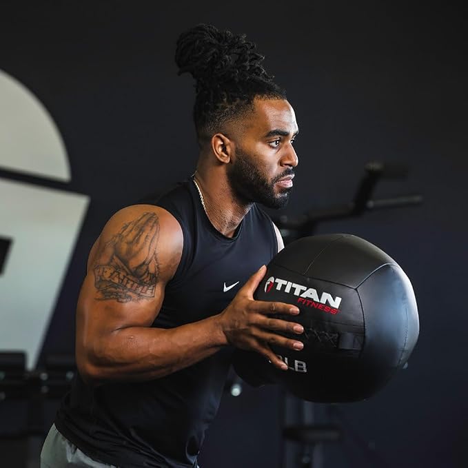 Titan Fitness LB Soft Shell Medicine Wall Ball with Poly-Composite Laminate Cross Texture Non-Slip Grip for Throwing, Core Strength, Floor Exercises, Stretching