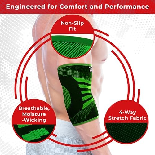Elbow Compression Sleeves (1 Pair) - Elbow Brace for Tendonitis, Tennis & Golfers Elbow - Weightlifting Support for Men & Women - Pain Relief & Joint Recovery (2, Neon Green, Large)