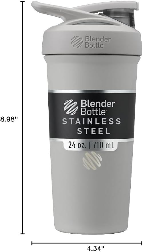 BlenderBottle Strada Shaker Cup Insulated Stainless Steel Water Bottle with Wire Whisk, 24-Ounce, Grey | Insulated