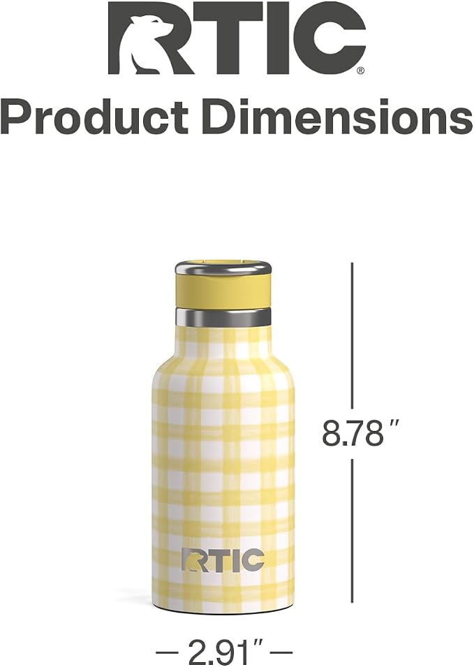 RTIC Little Journey Water Bottle with Straw, Ceramic-Lined, Insulated, Stainless Steel, Metal, Double Wall Vacuum-Insulation, Leak-Proof Lid, BPA-Free Water Flask for Sports, Travel, Sunlight Gingham