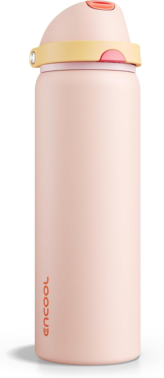 Insulated Water Bottle with Straw - Encool Stainless Steel Water Bottle with Push Button Lid, Leak-Proof & BPA-Free, Keeps Cold for 24 Hours for Sports, Travel, Gym (32 oz, Pink Daisy-Red)
