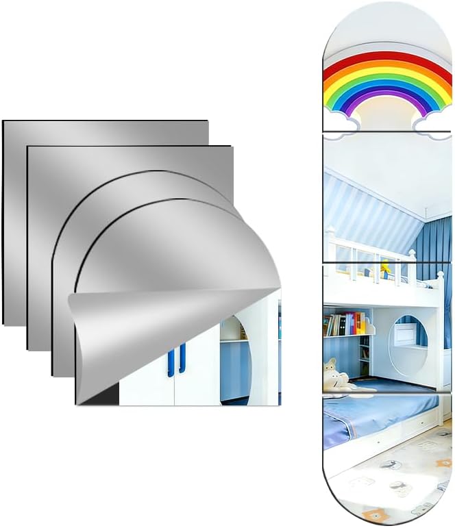4-piece set of acrylic wall mounted mirrors, 12x12 inch self-adhesive frameless square combined with curved makeup lenses, flexible plastic lenses for bedrooms, home use, gym doors (4pcs - 12‘’×12‘’)