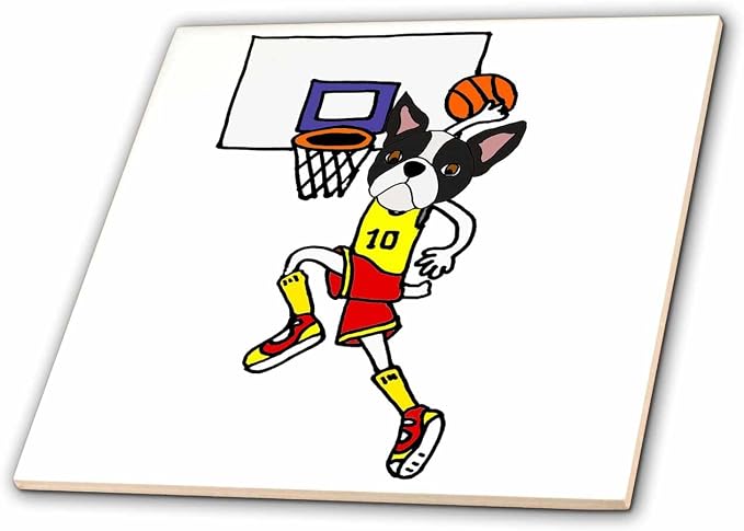 3dRose Funny Boston Terrier Playing Basketball and Slam Dunking Ball 8 Inch Ceramic Tile