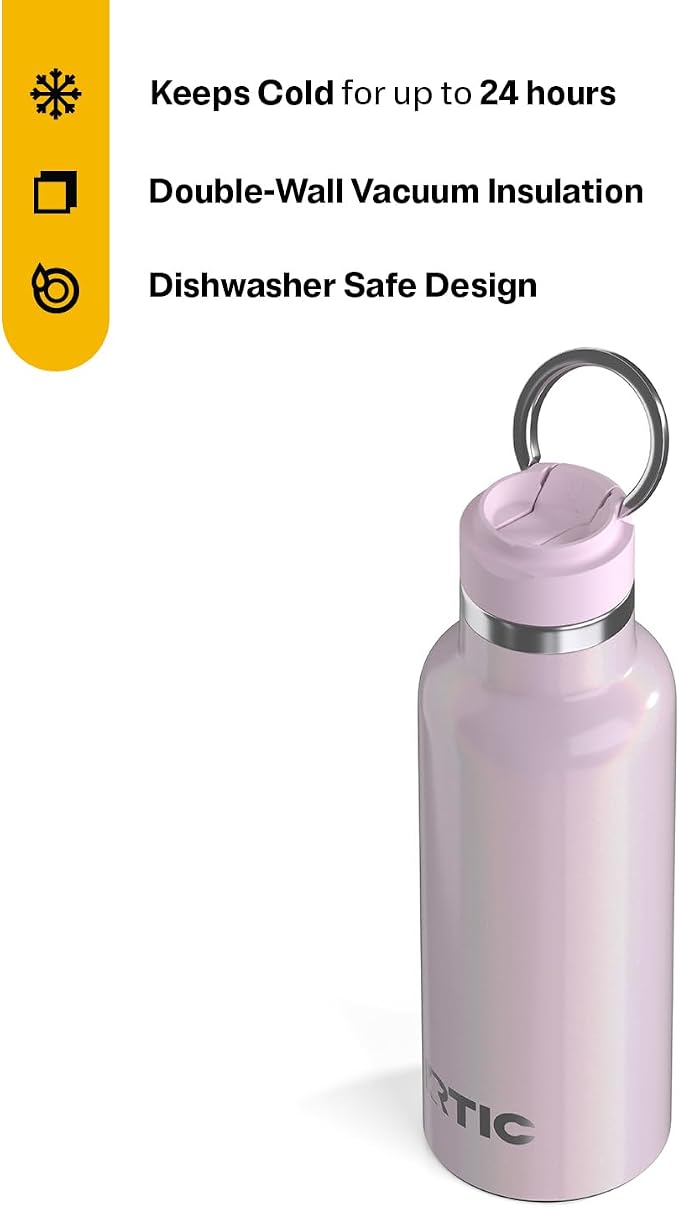 RTIC 16oz Journey Water Bottle Ceramic Lined Metal Stainless Steel Vacuum Insulated, BPA Free, Reusable, for Water, Hot and Cold Drinks, Travel, Sports, Camping, Pale Pink Glitter