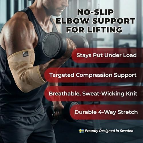 Elbow Compression Sleeves (1 Pair) - Elbow Brace for Tendonitis, Tennis & Golfers Elbow - Weightlifting Support for Men & Women - Pain Relief & Joint Recovery (2, Sandstorm Beige, Small)