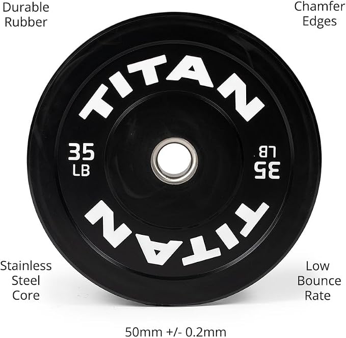 Titan Fitness Economy Series Black Olympic Bumper Plates, Durable Rubber Exterior with Steel Core, Weightlifting and Strength Training Weight Plate