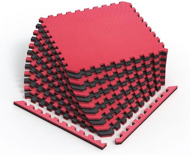 Reversible Gym Exercise Mats 3/4" Thick EVA Interlocking Foam Tiles, Perfect Home Gym Flooring, 36 Tiles & 72 Trim Pieces, 144 Sq. Ft. Reversible, Red/Black