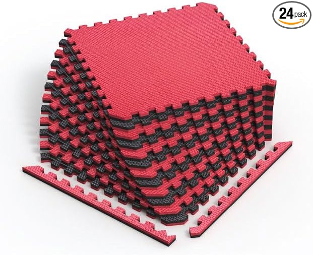 Reversible Gym Exercise Mats 3/4" Thick EVA Interlocking Foam Tiles, Perfect Home Gym Flooring, 24 Tiles & 48 Trim Pieces, 96 Sq. Ft. Reversible, Red/Black