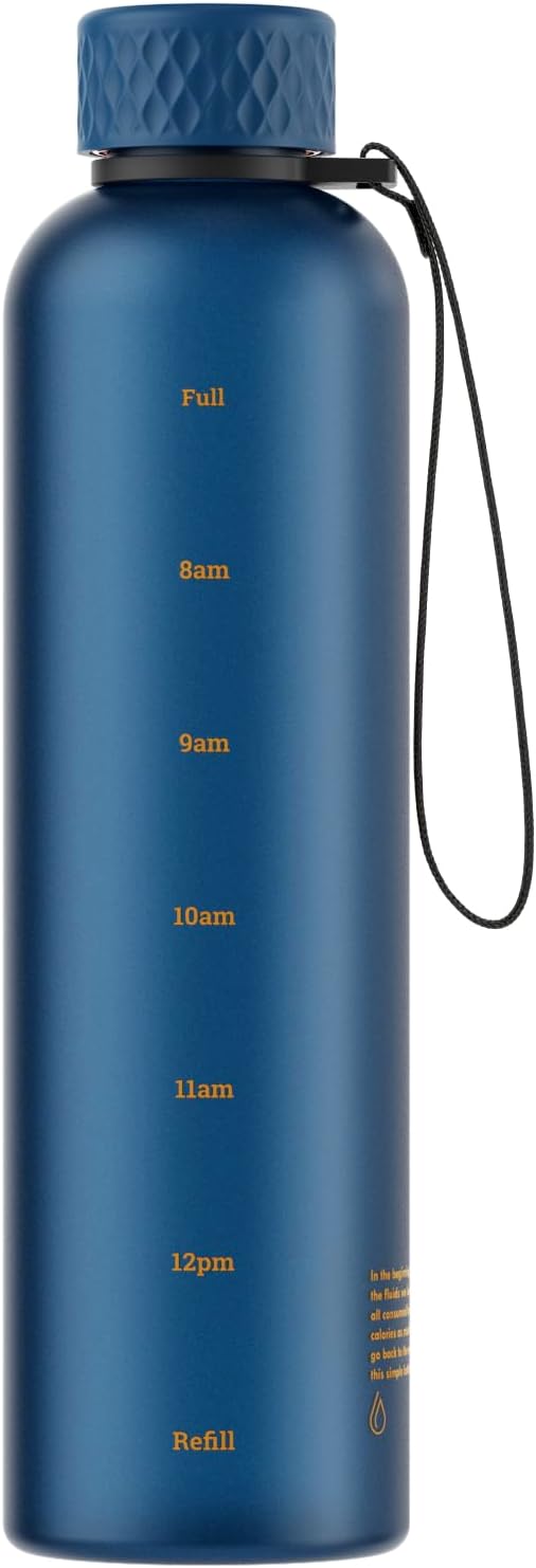 Sursip Slim Water Bottle 32 oz, Leakproof with Time Marker and Strap | Lightweight, BPA-free reusable plastic bottle fits cup holders and is dishwasher safe for gym, school, sports and travel.