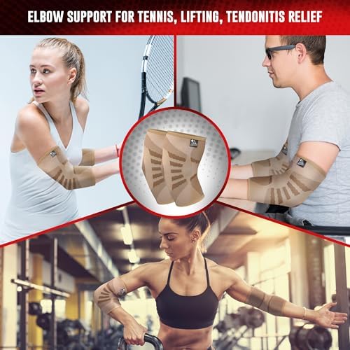 Elbow Compression Sleeves (1 Pair) - Elbow Brace for Tendonitis, Tennis & Golfers Elbow - Weightlifting Support for Men & Women - Pain Relief & Joint Recovery (2, Sandstorm Beige, X-Large)